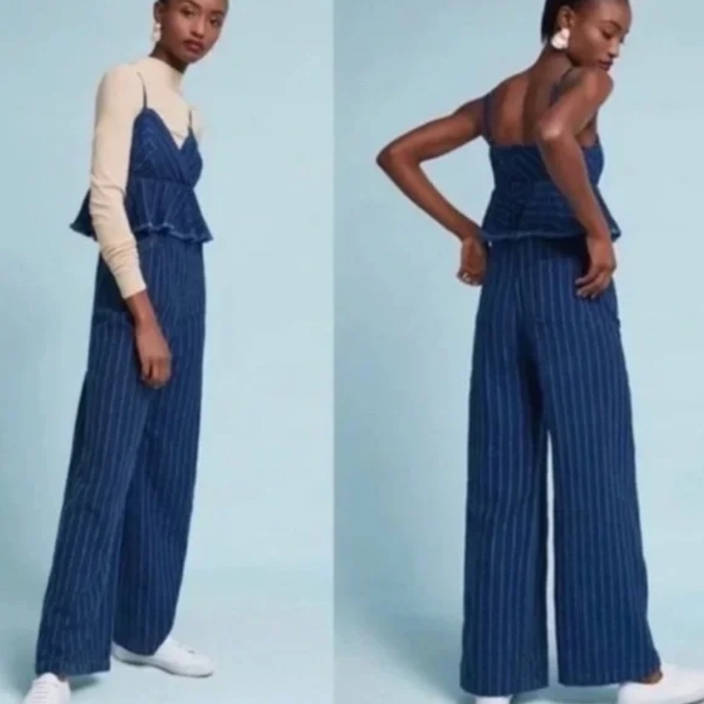Anthropologie Women’s Blue Striped denim Jumpsuit
